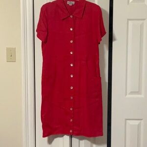 Vibrant Red Knee-Length Buttoned Shirt Dress
